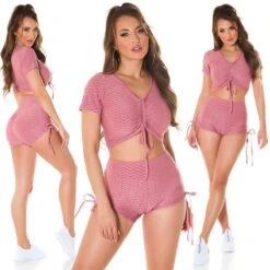 2-teiliges Damen Jogging Sport-Set Shirt+Shorts Altrosa