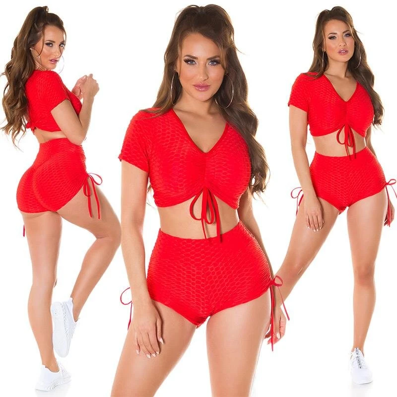 2-teiliges Damen Jogging Sport-Set Shirt+Shorts Rot 3 2-teiliges Damen Jogging Sport-Set Shirt+Shorts Rot