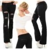 Damen Bootcut Jeans Mit Netz & Gürtel Destroyed-Look Schwarz -Günstiges Moden Funke Geschäft damen bootcut jeans mit netz guertel destroyed look schwarz