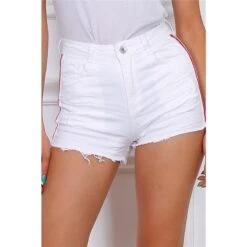Damen Destroyed Jeans Hotpants Mit Seitenstreifen Weiß
