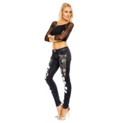 Damen Destroyed Röhrenjeans Crashed-Look Strass Dunkelblau -Günstiges Moden Funke Geschäft damen destroyed roehrenjeans crashed look strass dunkelblau3