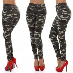 Damen High Waist Röhrenjeans Army-Look Camouflage Olivgrün