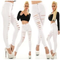 Damen High Waist Skinny Jeans Mit Rissen Destroyed-Look Weiß