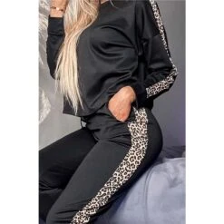 Damen Langarm Jogginganzug Loungewear-Set Schwarz/Leopard