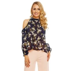 Damen Langarm Plissee Bluse Aus Chiffon Mit Blumen Marine