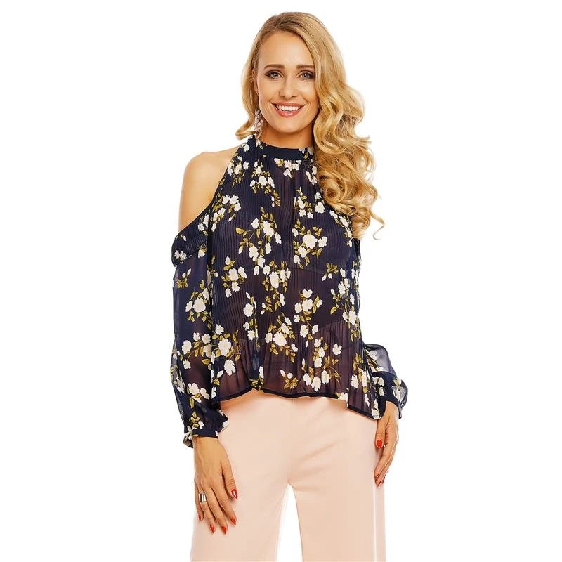 Damen Langarm Plissee Bluse Aus Chiffon Mit Blumen Marine 3 Damen Langarm Plissee Bluse Aus Chiffon Mit Blumen Marine