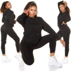 Damen Loungewear-Set Hoodie + Hose Jogginganzug Schwarz
