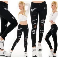 Damen Skinny Röhrenjeans Mit Schrift Und Rissen Schwarz