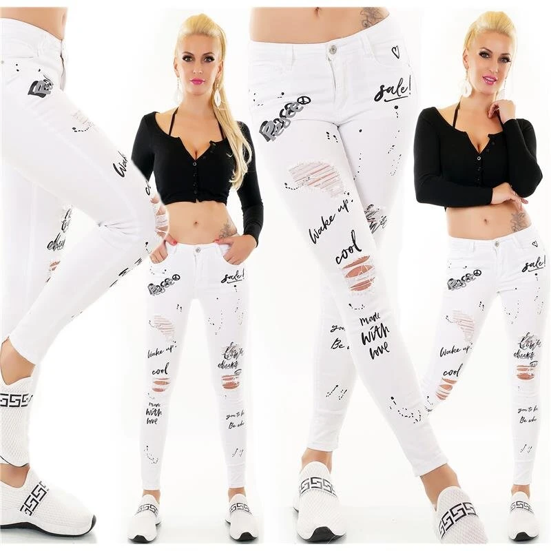 Damen Skinny Röhrenjeans Mit Schrift Und Rissen Weiß 3 Damen Skinny Röhrenjeans Mit Schrift Und Rissen Weiß