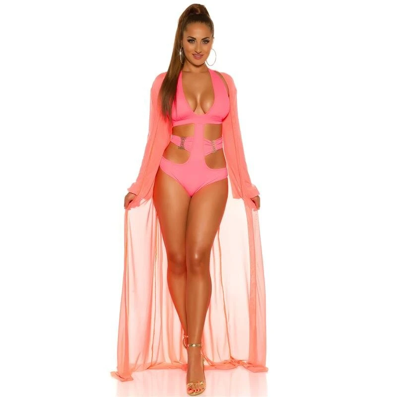 Damen Strand Kimono Lang Aus Chiffon Strandkleid Neon Coral 4 Damen Strand Kimono Lang Aus Chiffon Strandkleid Neon Coral – Bild 2