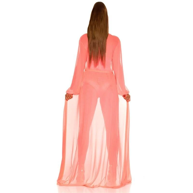 Damen Strand Kimono Lang Aus Chiffon Strandkleid Neon Coral 5 Damen Strand Kimono Lang Aus Chiffon Strandkleid Neon Coral – Bild 3