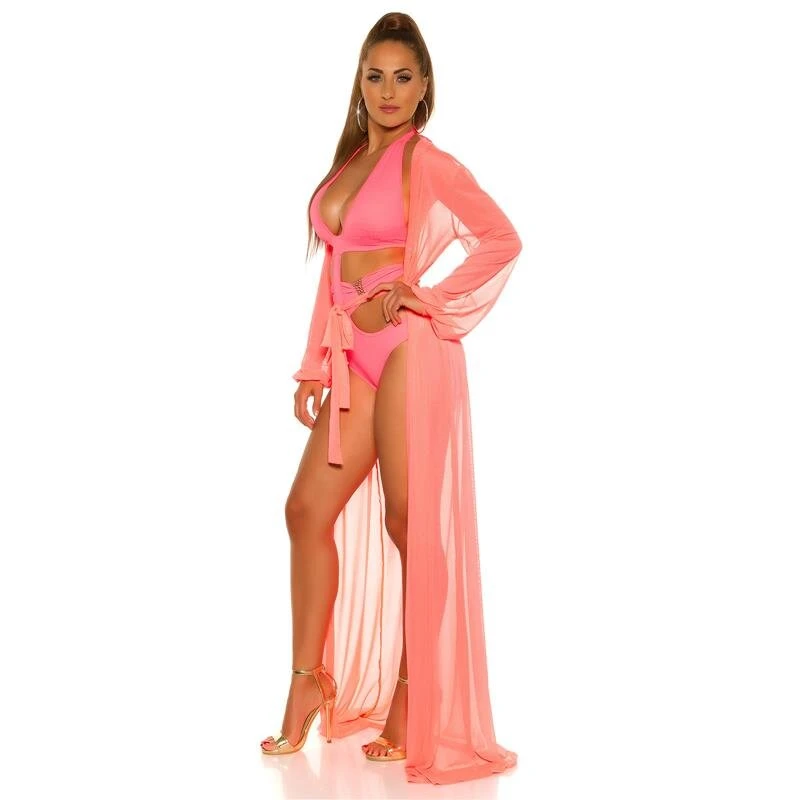 Damen Strand Kimono Lang Aus Chiffon Strandkleid Neon Coral 6 Damen Strand Kimono Lang Aus Chiffon Strandkleid Neon Coral – Bild 4