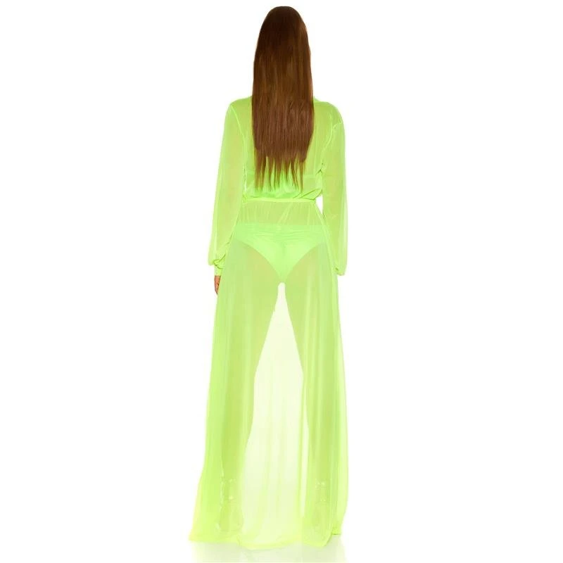 Damen Strand Kimono Lang Aus Chiffon Strandkleid Neon Grün 5 Damen Strand Kimono Lang Aus Chiffon Strandkleid Neon Grün – Bild 3