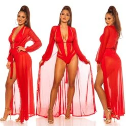 Damen Strand Kimono Lang Aus Chiffon Strandkleid Rot