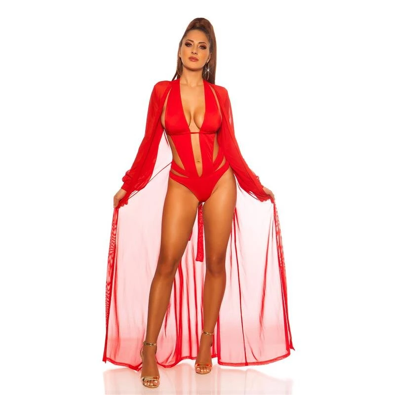 Damen Strand Kimono Lang Aus Chiffon Strandkleid Rot 4 Damen Strand Kimono Lang Aus Chiffon Strandkleid Rot – Bild 2