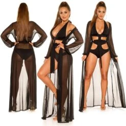Damen Strand Kimono Lang Aus Chiffon Strandkleid Schwarz