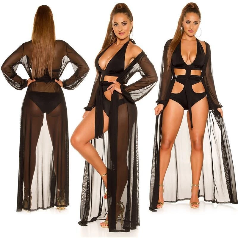 Damen Strand Kimono Lang Aus Chiffon Strandkleid Schwarz 3 Damen Strand Kimono Lang Aus Chiffon Strandkleid Schwarz