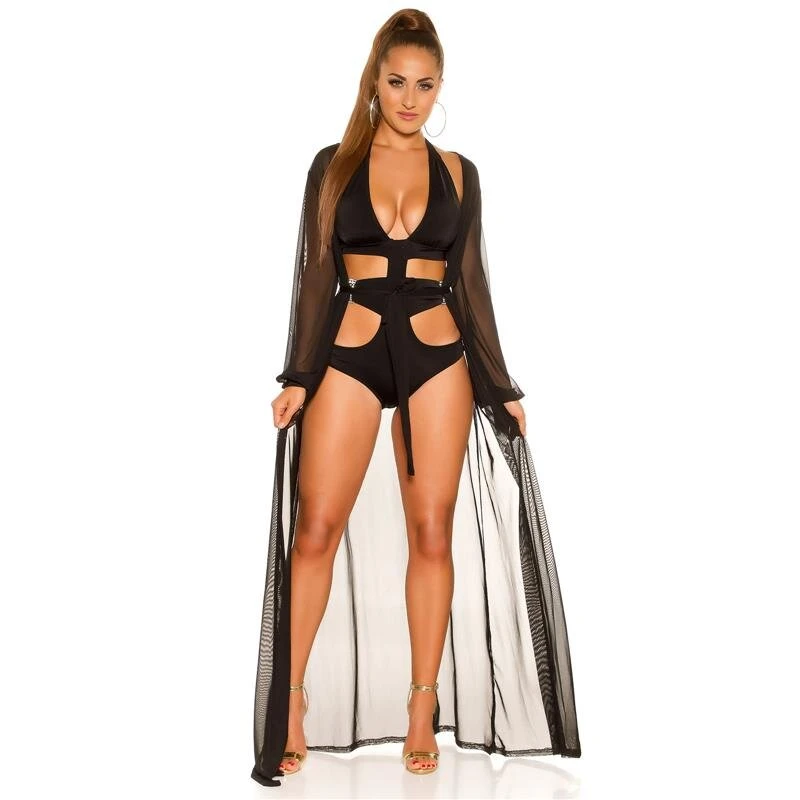 Damen Strand Kimono Lang Aus Chiffon Strandkleid Schwarz 4 Damen Strand Kimono Lang Aus Chiffon Strandkleid Schwarz – Bild 2