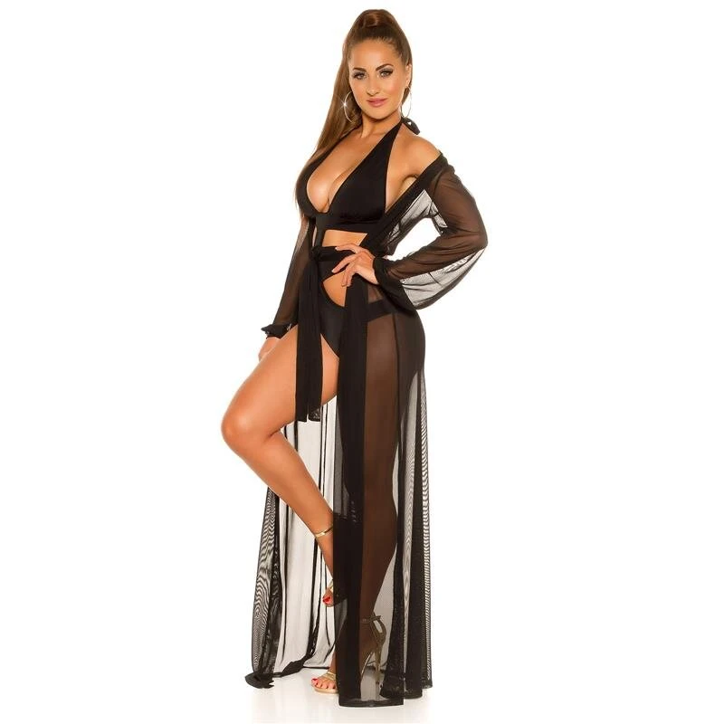 Damen Strand Kimono Lang Aus Chiffon Strandkleid Schwarz 7 Damen Strand Kimono Lang Aus Chiffon Strandkleid Schwarz – Bild 5