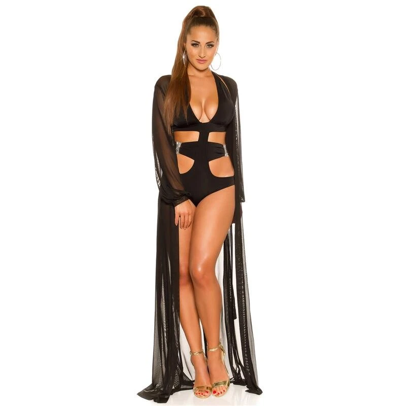 Damen Strand Kimono Lang Aus Chiffon Strandkleid Schwarz 8 Damen Strand Kimono Lang Aus Chiffon Strandkleid Schwarz – Bild 6