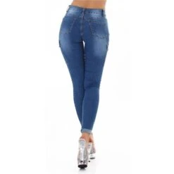 Damen Used-Look Skinny Jeans Mit Cargo-Taschen Blau -Günstiges Moden Funke Geschäft damen used look skinny jeans mit cargo taschen blau2