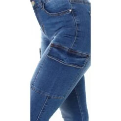 Damen Used-Look Skinny Jeans Mit Cargo-Taschen Blau -Günstiges Moden Funke Geschäft damen used look skinny jeans mit cargo taschen blau4