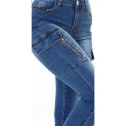 Damen Used-Look Skinny Jeans Mit Cargo-Taschen Blau -Günstiges Moden Funke Geschäft damen used look skinny jeans mit cargo taschen blau5