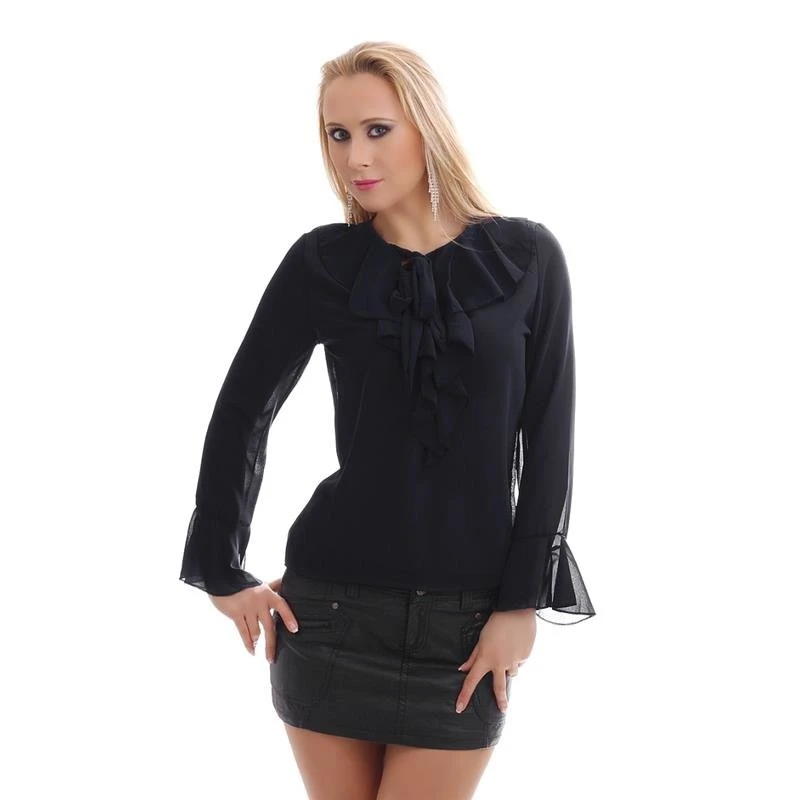 Edle Chiffon Schluppenbluse Transparent Mit Rüschen Schwarz 3 Edle Chiffon Schluppenbluse Transparent Mit Rüschen Schwarz