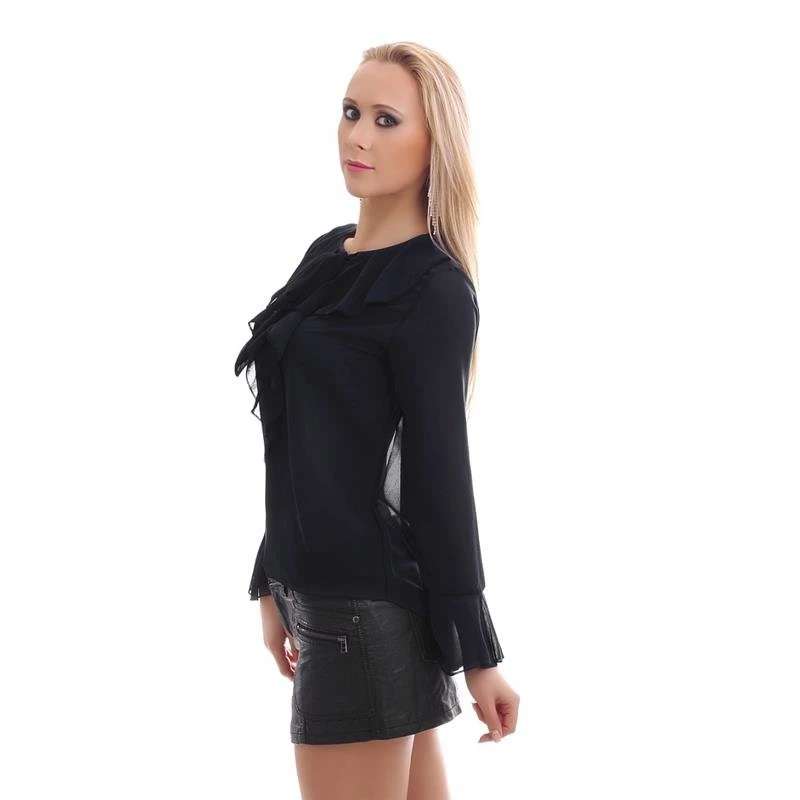 Edle Chiffon Schluppenbluse Transparent Mit Rüschen Schwarz 4 Edle Chiffon Schluppenbluse Transparent Mit Rüschen Schwarz – Bild 2
