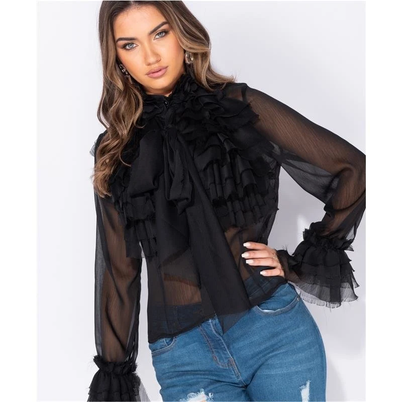 Edle Damen Chiffon Schluppenbluse Mit Volants Schwarz 3 Edle Damen Chiffon Schluppenbluse Mit Volants Schwarz