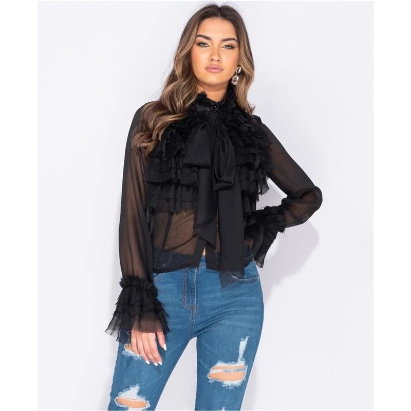 Edle Damen Chiffon Schluppenbluse Mit Volants Schwarz 4 Edle Damen Chiffon Schluppenbluse Mit Volants Schwarz – Bild 2