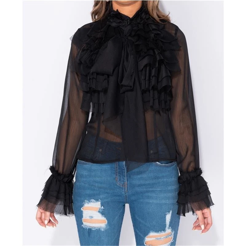 Edle Damen Chiffon Schluppenbluse Mit Volants Schwarz 5 Edle Damen Chiffon Schluppenbluse Mit Volants Schwarz – Bild 3