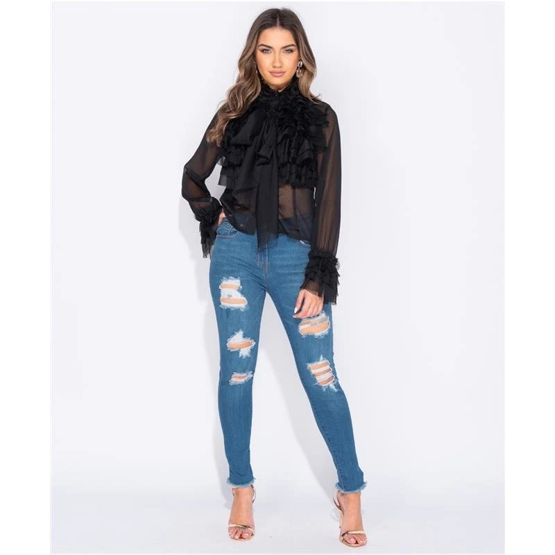 Edle Damen Chiffon Schluppenbluse Mit Volants Schwarz 6 Edle Damen Chiffon Schluppenbluse Mit Volants Schwarz – Bild 4