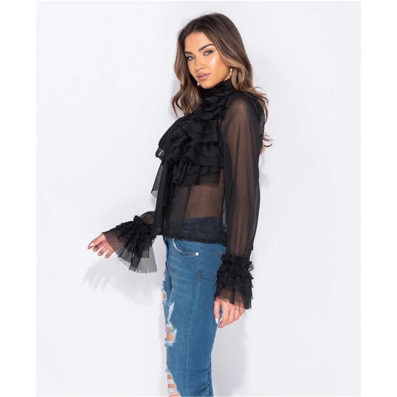 Edle Damen Chiffon Schluppenbluse Mit Volants Schwarz 8 Edle Damen Chiffon Schluppenbluse Mit Volants Schwarz – Bild 6