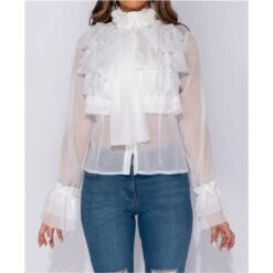 Edle Damen Chiffon Schluppenbluse Mit Volants Weiß -Günstiges Moden Funke Geschäft edle damen chiffon schluppenbluse mit volants weiss3