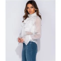 Edle Damen Chiffon Schluppenbluse Mit Volants Weiß -Günstiges Moden Funke Geschäft edle damen chiffon schluppenbluse mit volants weiss6