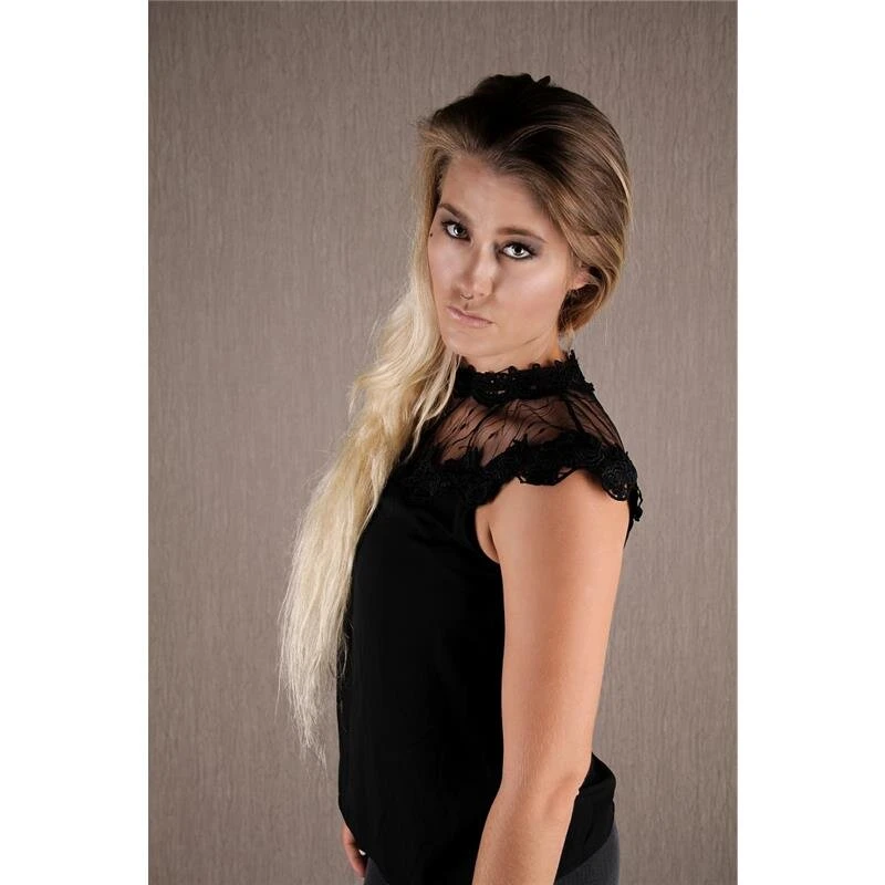 Edle Damen Kurzarm Chiffon Bluse Mit Blumenmuster Tüll Schwarz 7 Edle Damen Kurzarm Chiffon Bluse Mit Blumenmuster Tüll Schwarz – Bild 5