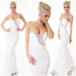 Edles Bodenlanges Meerjungfrau Trägerkleid Aus Spitze Cremeweiß