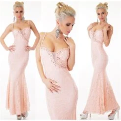 Edles Bodenlanges Meerjungfrau Trägerkleid Aus Spitze Rosa