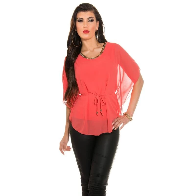 Elegante Chiffon Bluse Mit Fledermausärmel Und Kette Coral 3 Elegante Chiffon Bluse Mit Fledermausärmel Und Kette Coral