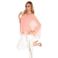 Elegante Damen Chiffon Bluse Mit Fledermausärmeln Coral -Günstiges Moden Funke Geschäft elegante damen chiffon bluse mit fledermausaermeln coral5