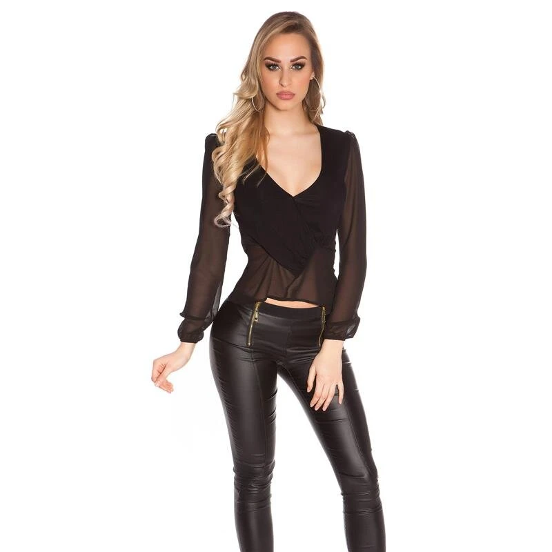 Elegante Damen Langarm Chiffon Bluse In Wickel-Look Schwarz 3 Elegante Damen Langarm Chiffon Bluse In Wickel-Look Schwarz