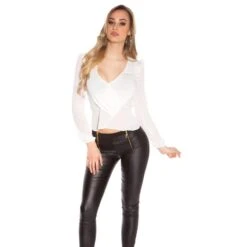 Elegante Damen Langarm Chiffon Bluse In Wickel-Look Weiß