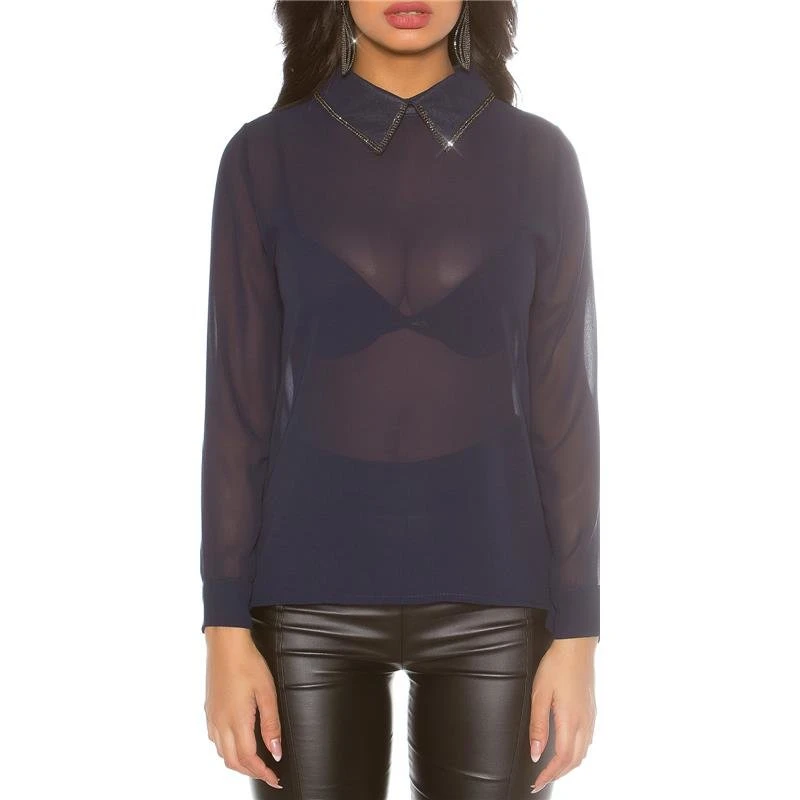 Elegante Glamour Chiffon Bluse Mit Strass Am Kragen Marine 3 Elegante Glamour Chiffon Bluse Mit Strass Am Kragen Marine