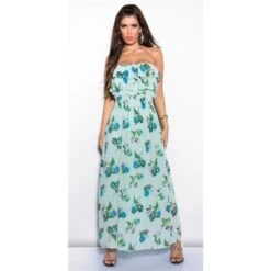 Elegantes Bandeau Maxikleid Mit Volants Und Blumen Mintgrün -Günstiges Moden Funke Geschäft elegantes bandeau maxikleid mit volants und blumen mintgruen4