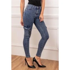 Eng Anliegende Damen Cargo Röhrenjeans Dunkelblau