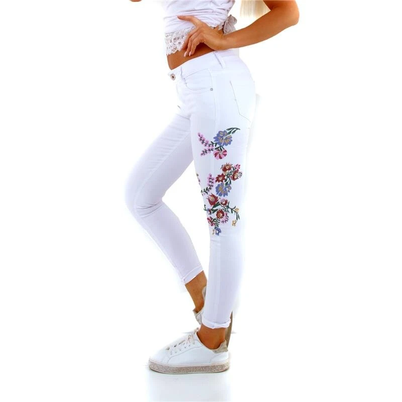 Hautenge Damen Röhrenjeans Mit Blumenprint Und Strass Weiß 3 Hautenge Damen Röhrenjeans Mit Blumenprint Und Strass Weiß