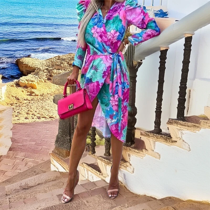 Knielanges Damen Langarm Sommerkleid Mit Blumen Pink 4 Knielanges Damen Langarm Sommerkleid Mit Blumen Pink – Bild 2