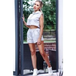 Kurzes 2-tlg Damen Jogging Sport-Outfit Shirt+Shorts Hellgrau -Günstiges Moden Funke Geschäft kurzes 2 tlg damen jogging sport outfit shirt shorts hellgrau3