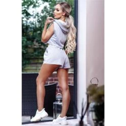 Kurzes 2-tlg Damen Jogging Sport-Outfit Shirt+Shorts Hellgrau -Günstiges Moden Funke Geschäft kurzes 2 tlg damen jogging sport outfit shirt shorts hellgrau4